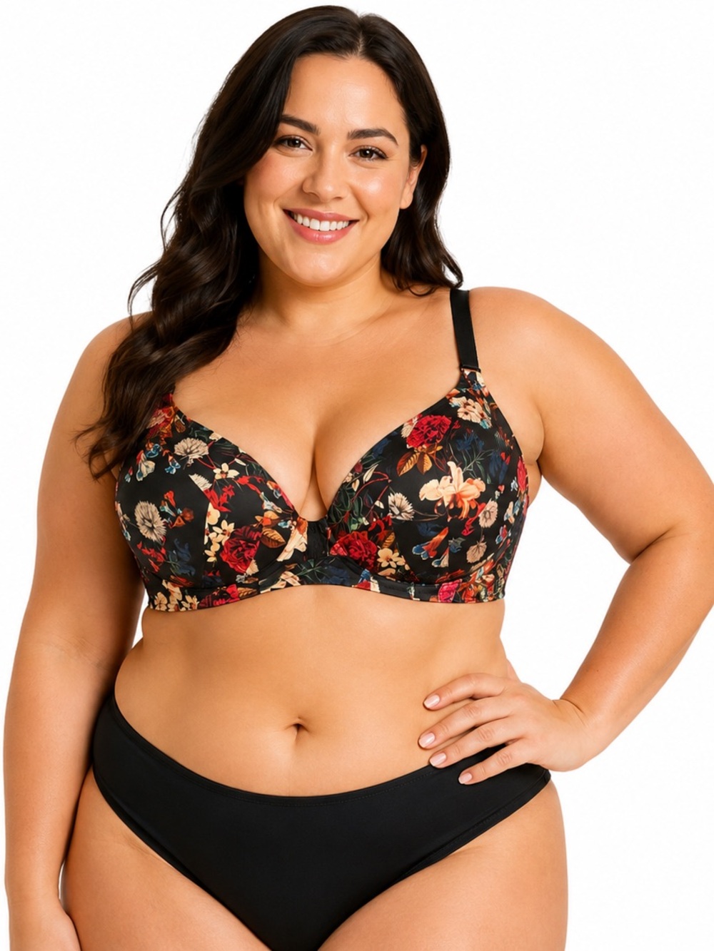 Torrid Curve 42C Black Floral Print Underwire Bra Red Rose Multicolor